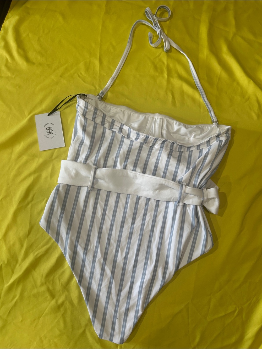 Revel Rey Striped Blue & White One Piece with Waist Belt NWT SZ S - Picture 7 of 7